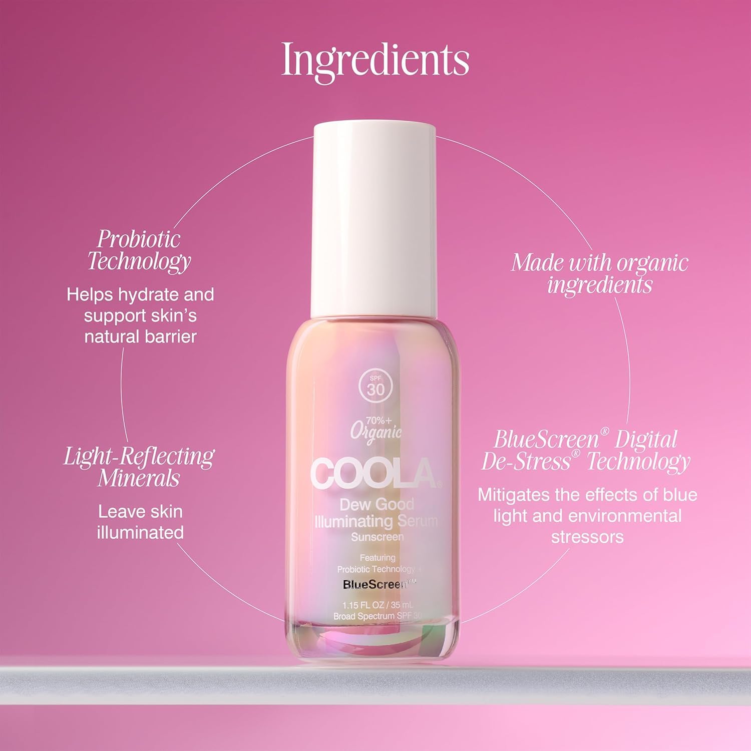 COOLA Organic Dew Good Illuminating Probiotic Serum with SPF 30, Dermatologist Tested Sunscreen with Plant-Derived BlueScreen Digital De-Stress Technology, 1.15 Fl Oz