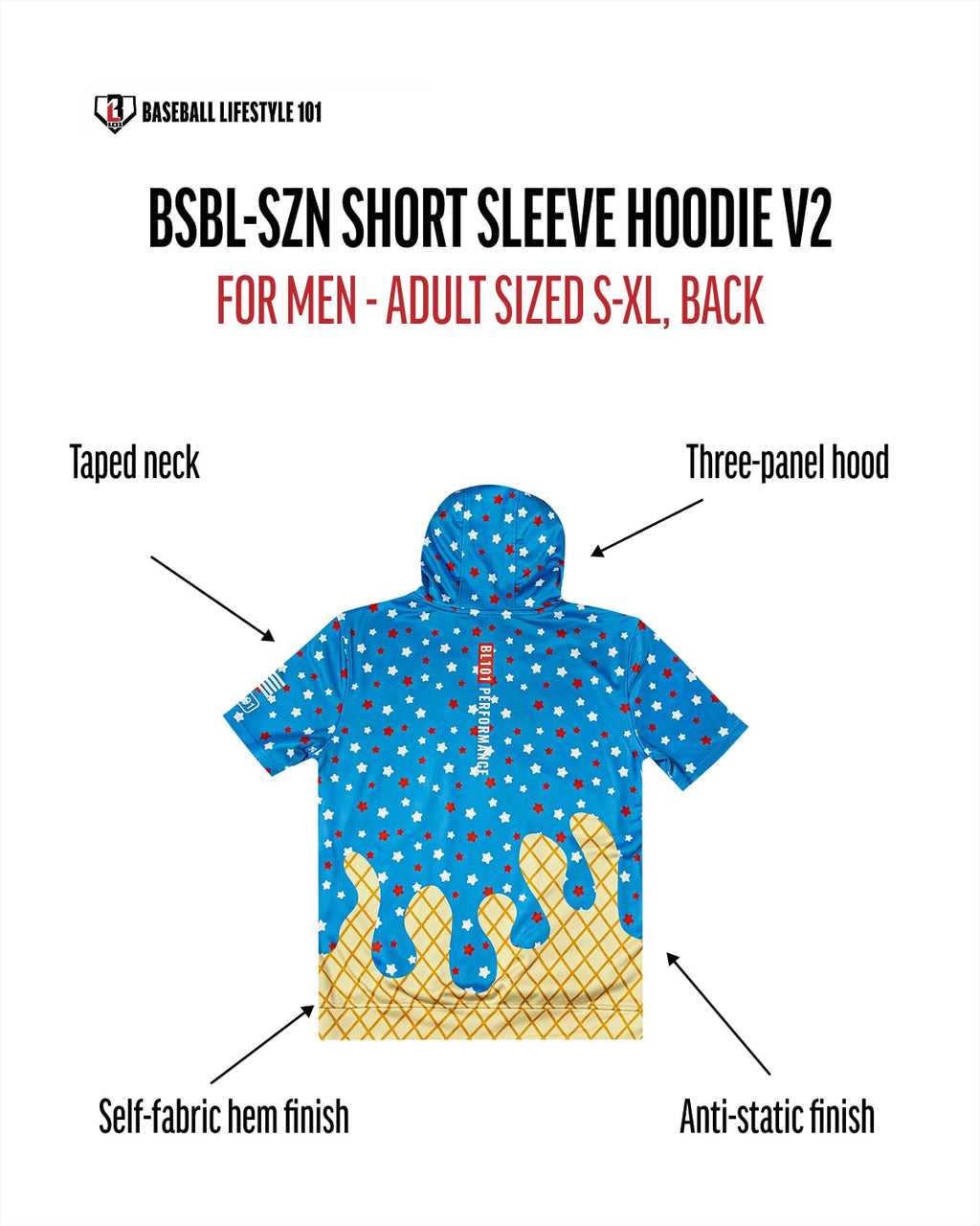 Baseball Lifestyle 101 BSBL SZN Men's Short Sleeve Hoodie with Front pouch pocket V2 Ice Cream Moisture Adult Sizes S - XL