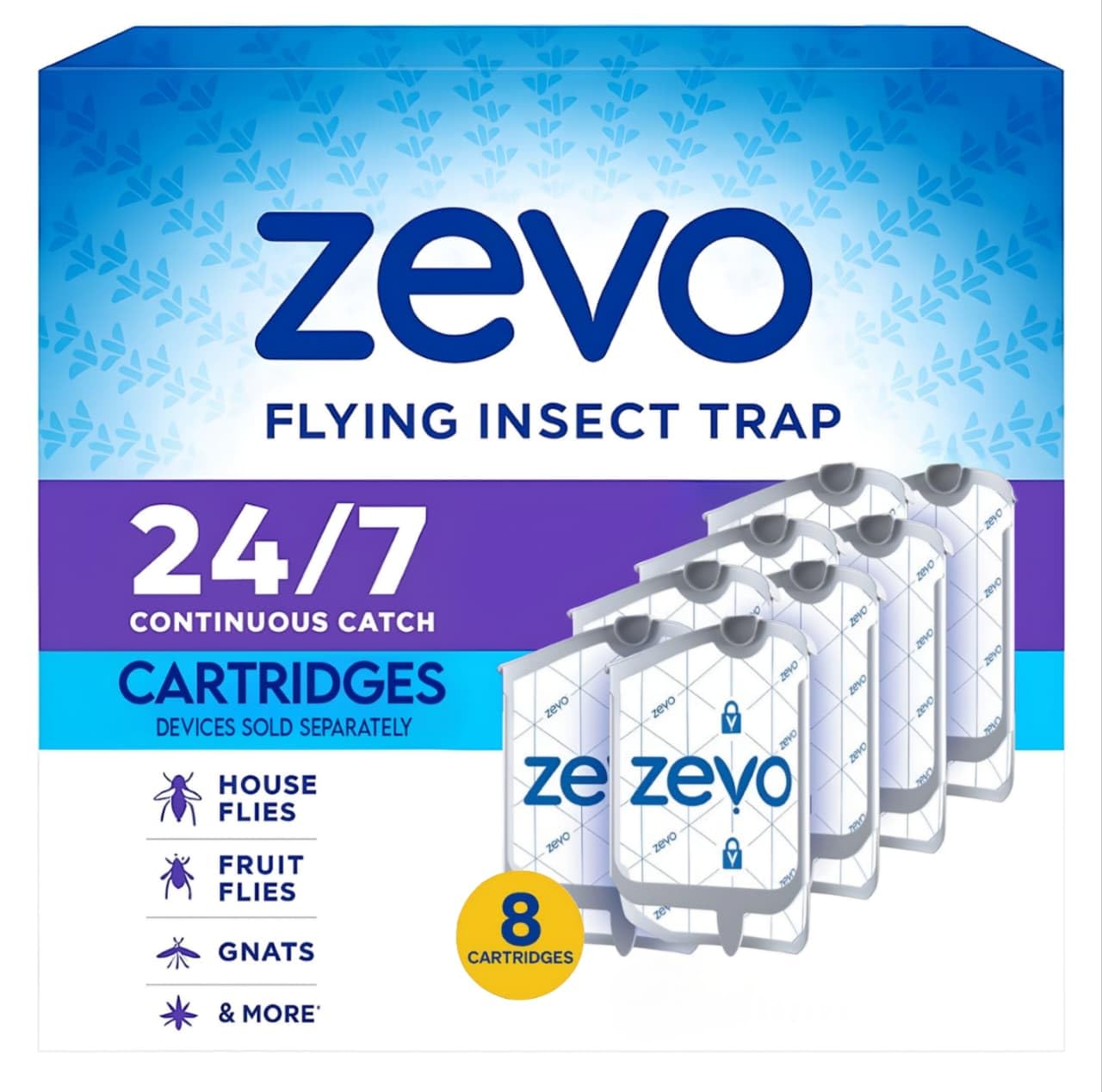 Zevo Flying Insect Trap & 3 Refill Cartridges - Plug in Fly Trap & Indoor Bug Catcher for Gnats, House & Fruit Flies - Blue & UV Light Technology, Mess-Free Alternative to Bug Zapper