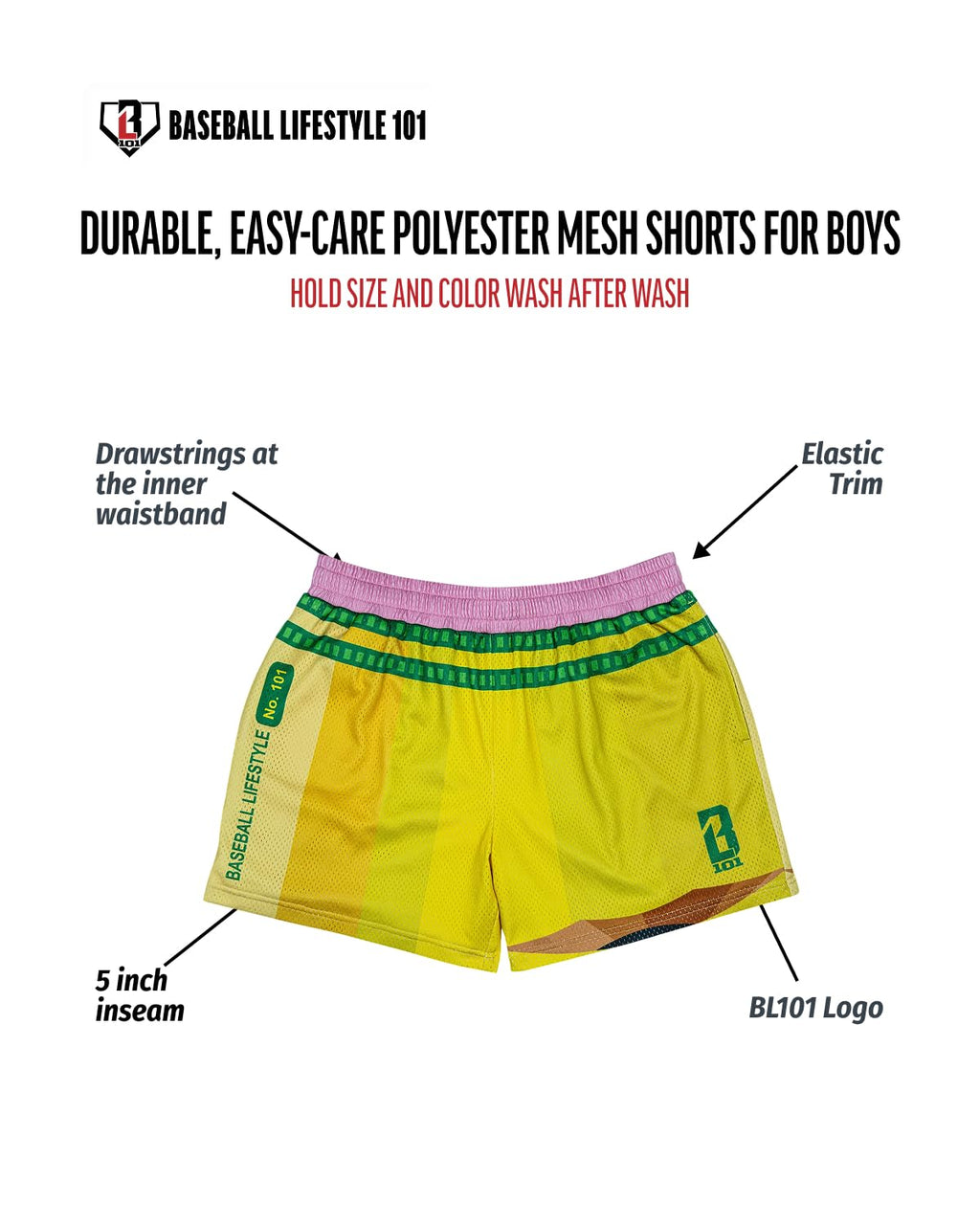 Baseball Lifestyle 101 Boy's Pencil Mesh Shorts with Side Pockets and Elastic Waist, 5 inch Inseam, Youth Sizes S-XL