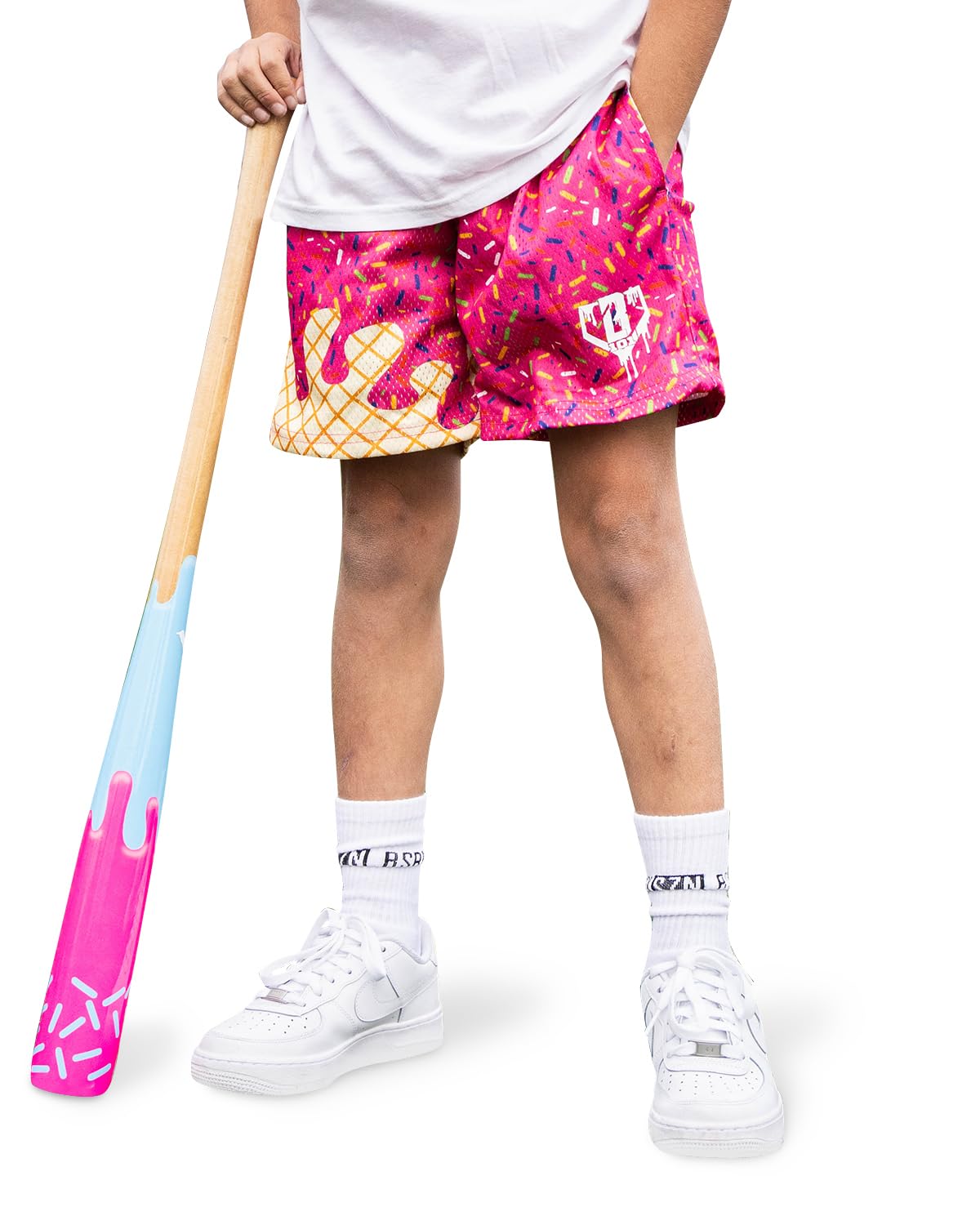 Baseball Lifestyle 101 Boy's Ice Cream Strawberry Mesh Shorts w/Side Pockets Elastic Waist, 5 in Inseam, Youth Sizes S-XL