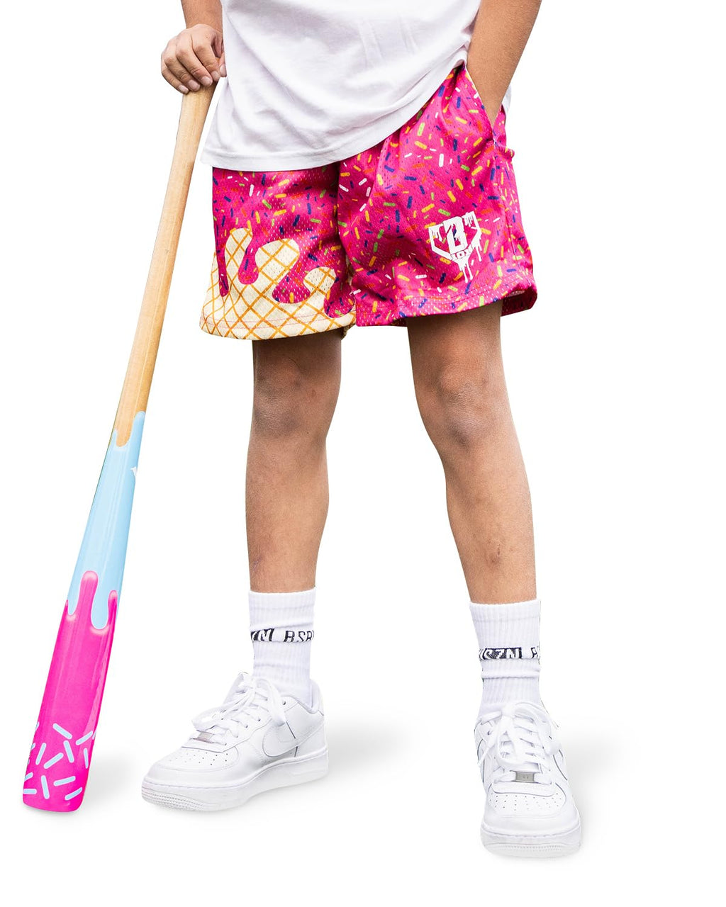 Baseball Lifestyle 101 Boy's Ice Cream Strawberry Mesh Shorts w/Side Pockets Elastic Waist, 5 in Inseam, Youth Sizes S-XL