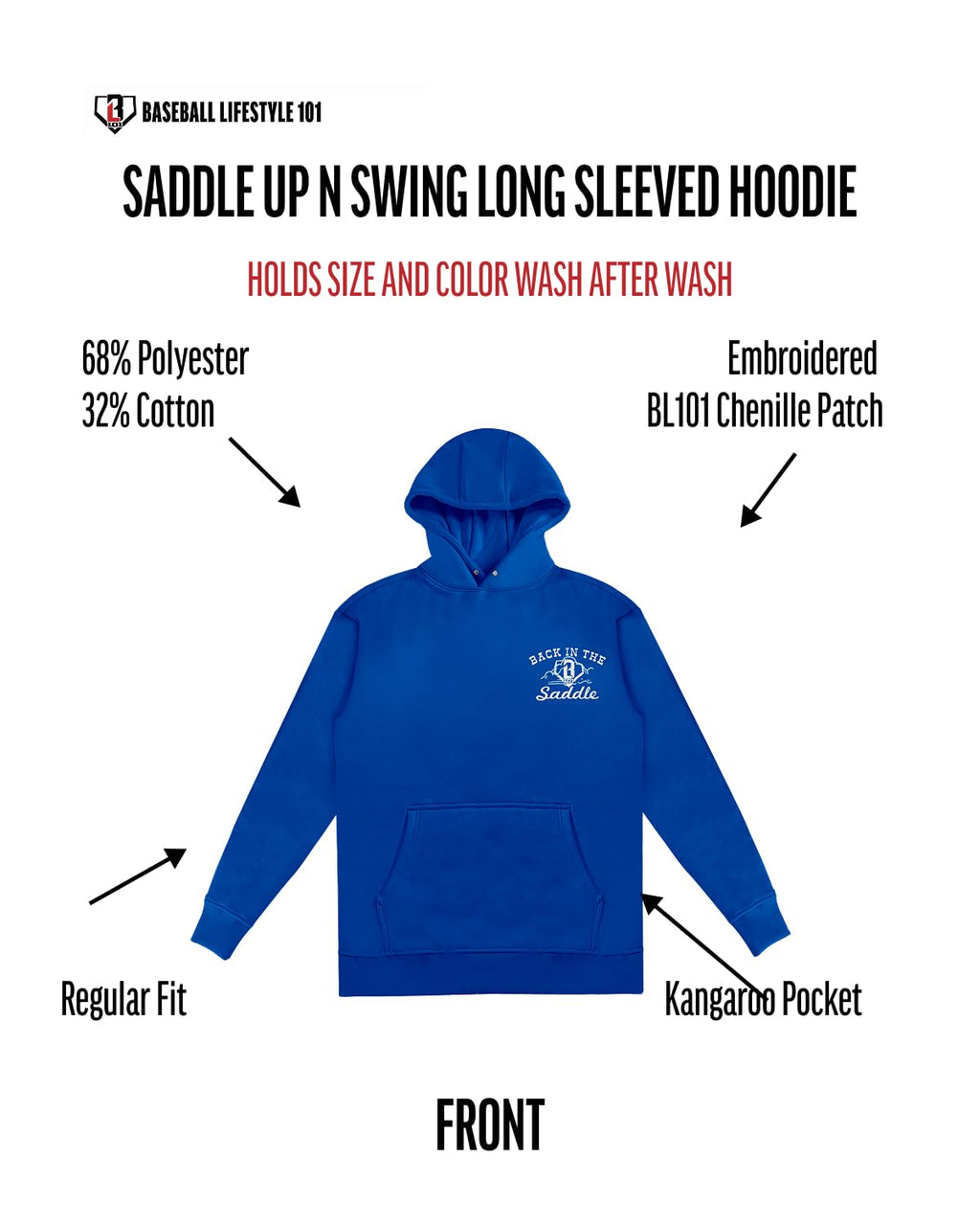 Baseball Lifestyle 101 Saddle UP N Swing Hoodie with Front pouch pocket, Adult Sizes S - 3XL