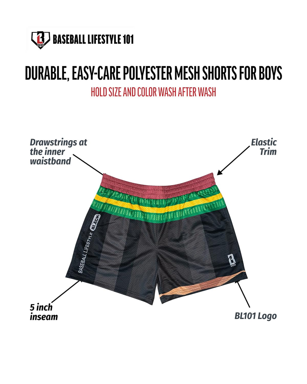 Baseball Lifestyle 101 Boy's Pencil Mesh Shorts with Side Pockets and Elastic Waist, 5 inch Inseam, Youth Sizes S-XL