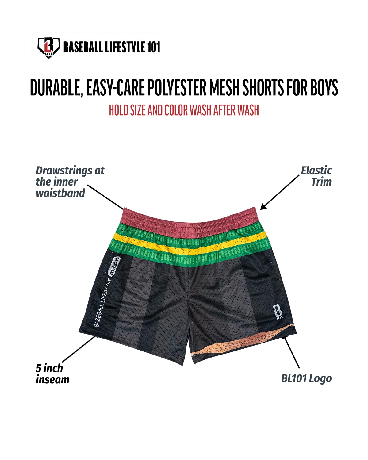 Baseball Lifestyle 101 Boy's Pencil Mesh Shorts with Side Pockets and Elastic Waist, 5 inch Inseam, Youth Sizes S-XL