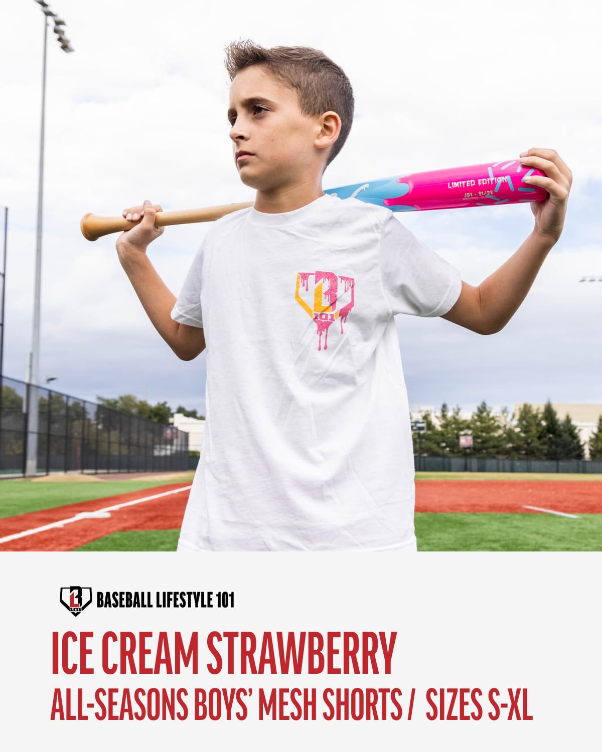 Baseball Lifestyle 101 Boy's Ice Cream Strawberry Mesh Shorts w/Side Pockets Elastic Waist, 5 in Inseam, Youth Sizes S-XL