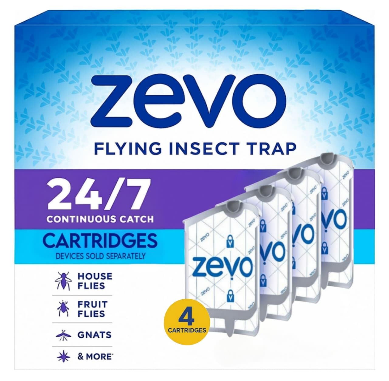 Zevo Flying Insect Trap & 3 Refill Cartridges - Plug in Fly Trap & Indoor Bug Catcher for Gnats, House & Fruit Flies - Blue & UV Light Technology, Mess-Free Alternative to Bug Zapper