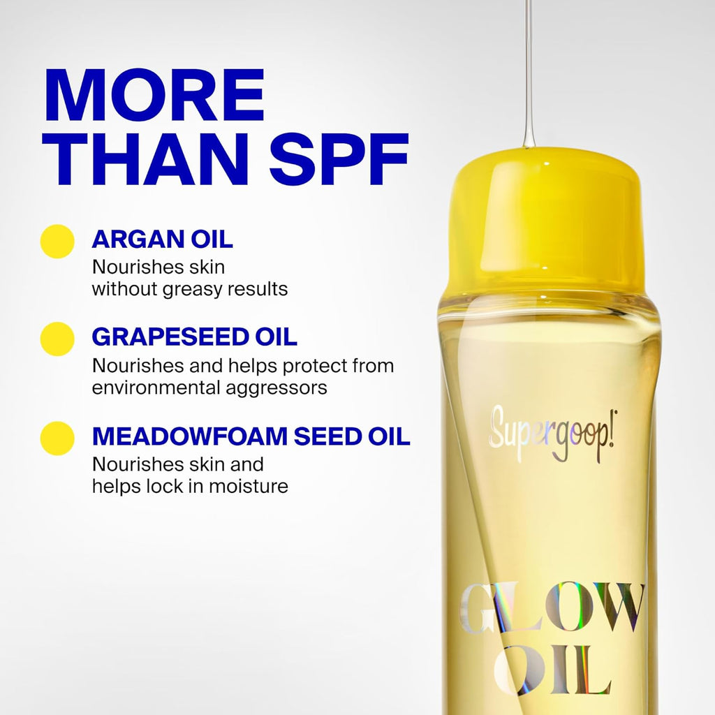 Supergoop! Glow Oil - 1 fl oz - SPF 50 PA++++ Vitamin E Body Oil + Broad Spectrum Sunscreen Protection - With Marigold, Meadowfoam & Grape Seed Extracts