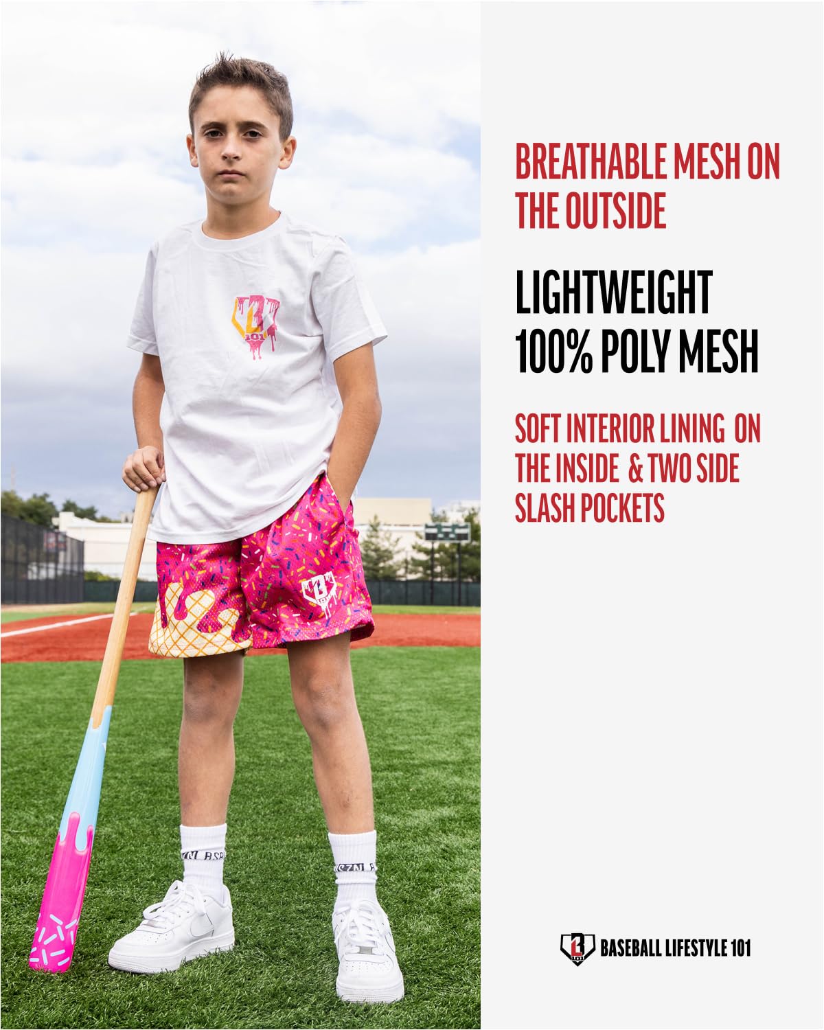 Baseball Lifestyle 101 Boy's Ice Cream Strawberry Mesh Shorts w/Side Pockets Elastic Waist, 5 in Inseam, Youth Sizes S-XL