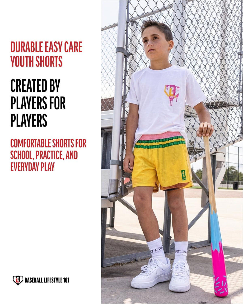 Baseball Lifestyle 101 Boy's Pencil Mesh Shorts with Side Pockets and Elastic Waist, 5 inch Inseam, Youth Sizes S-XL
