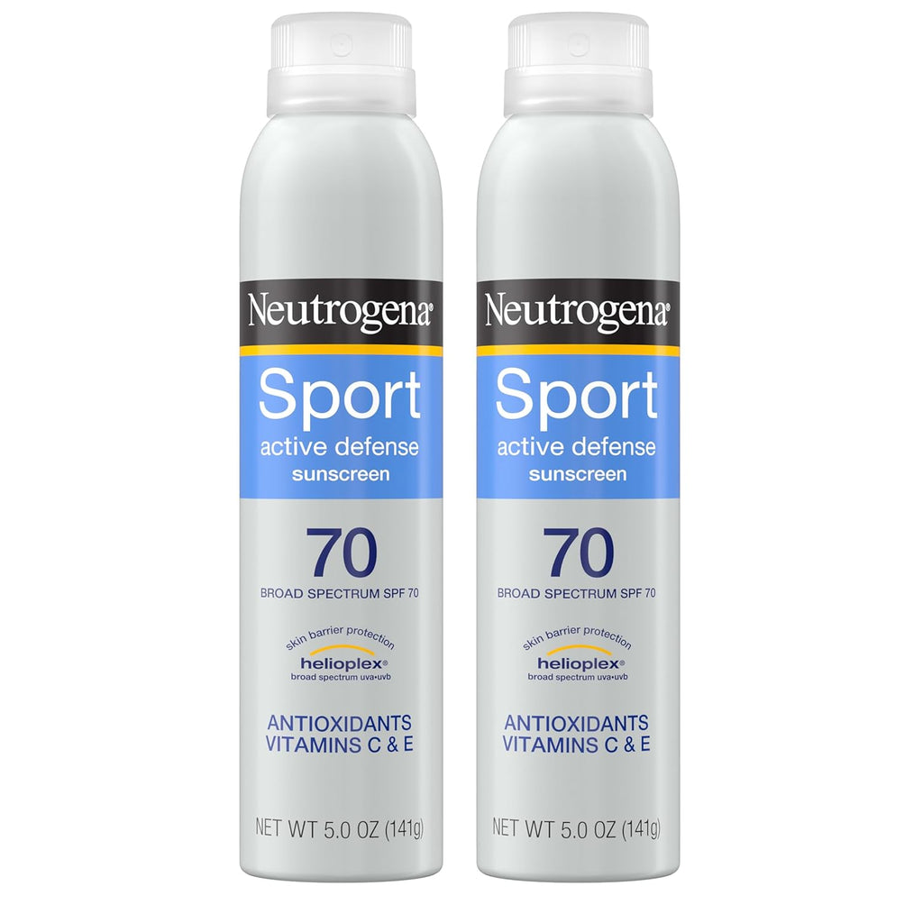 Neutrogena Sport Active Defense SPF 70 Sunscreen Spray, Sweat & Water Resistant Spray Sunscreen with Broad Spectrum Protection for Sunburn Prevention, Oxybenzone-Free, Twin Pack, 5 oz, 2 Pack