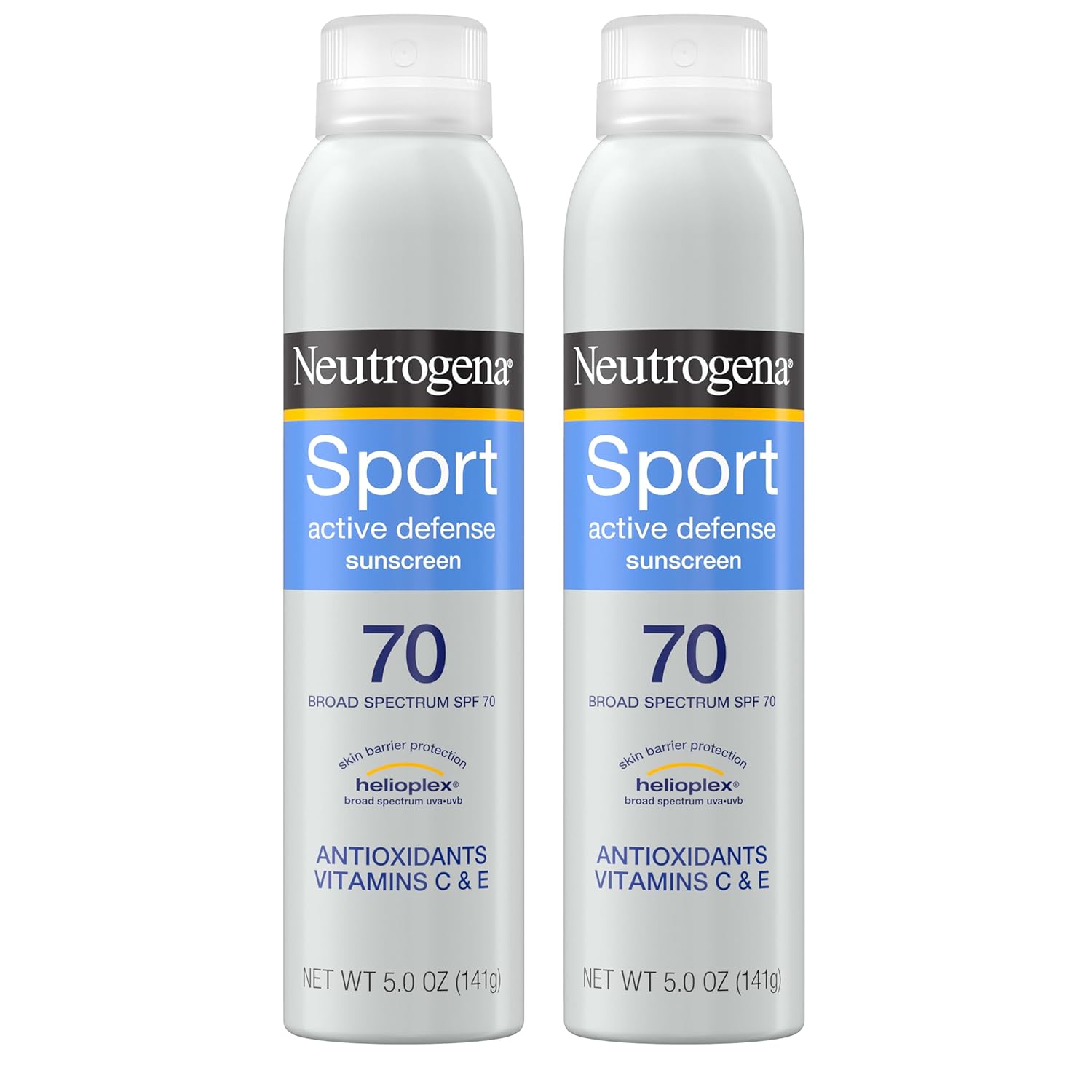 Neutrogena Sport Active Defense SPF 70 Sunscreen Spray, Sweat & Water Resistant Spray Sunscreen with Broad Spectrum Protection for Sunburn Prevention, Oxybenzone-Free, Twin Pack, 5 oz, 2 Pack