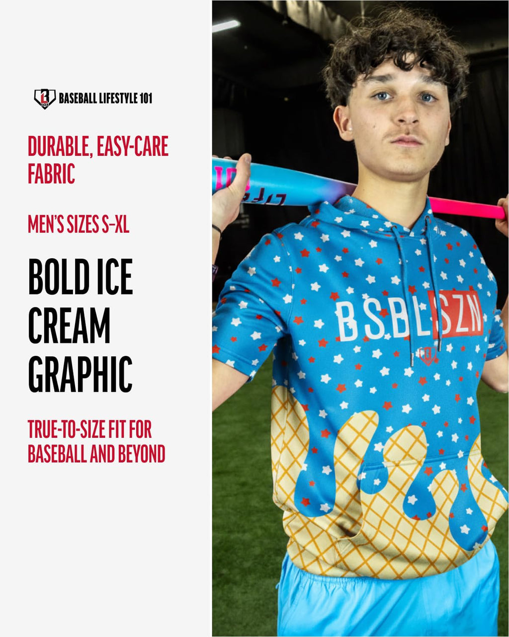 Baseball Lifestyle 101 BSBL SZN Men's Short Sleeve Hoodie with Front pouch pocket V2 Ice Cream Moisture Adult Sizes S - XL