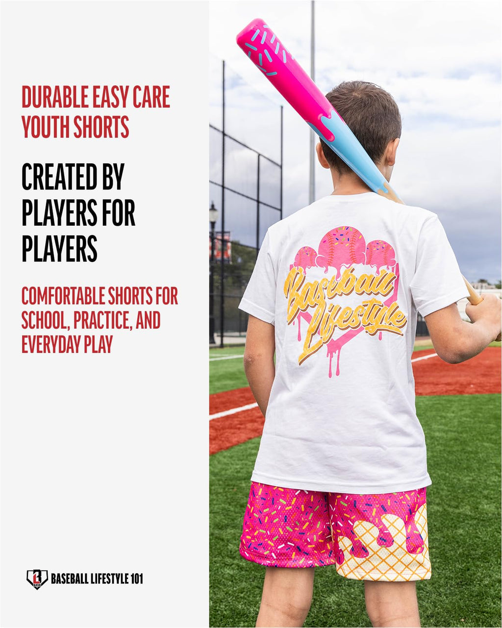 Baseball Lifestyle 101 Boy's Ice Cream Strawberry Mesh Shorts w/Side Pockets Elastic Waist, 5 in Inseam, Youth Sizes S-XL