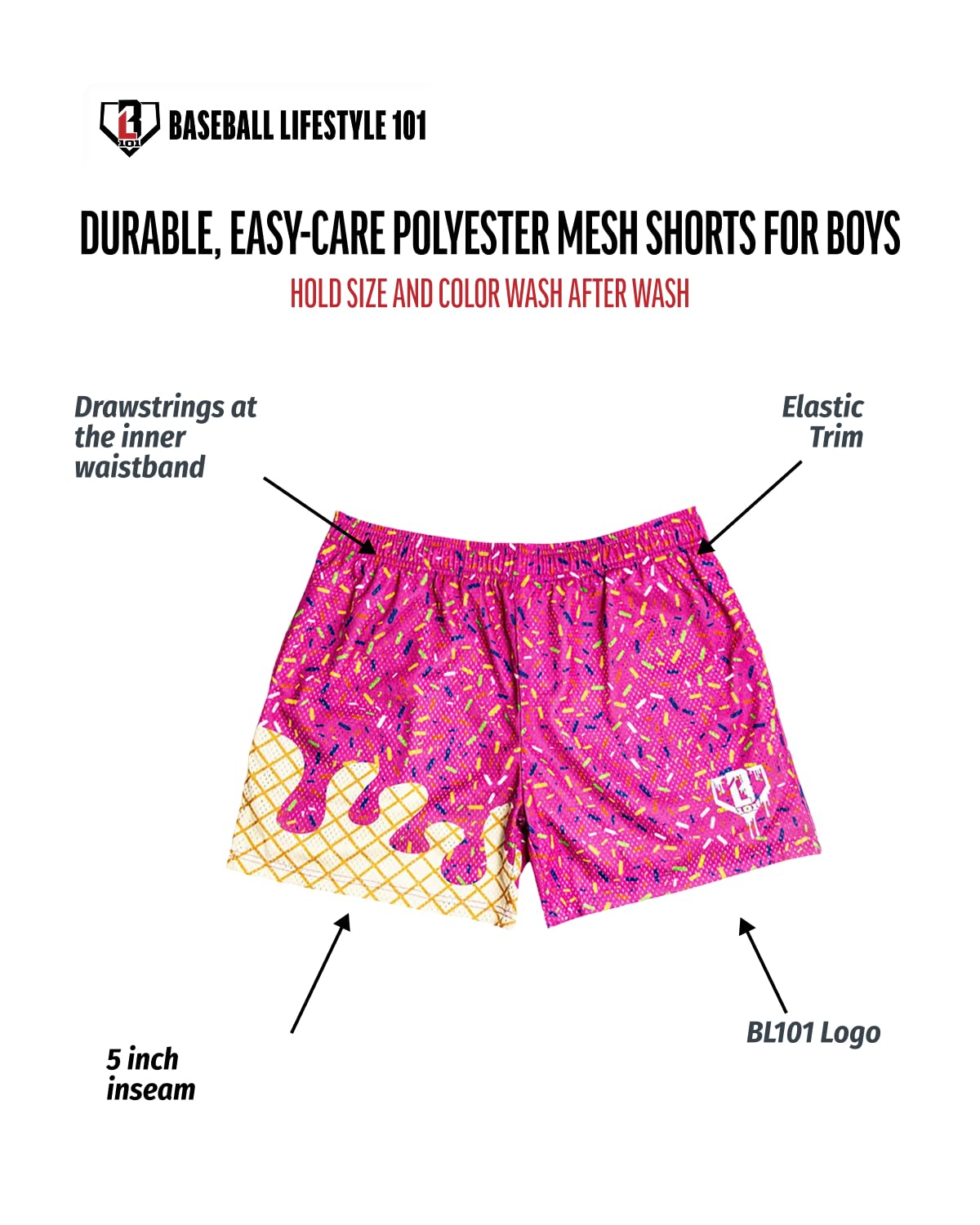 Baseball Lifestyle 101 Boy's Ice Cream Strawberry Mesh Shorts w/Side Pockets Elastic Waist, 5 in Inseam, Youth Sizes S-XL