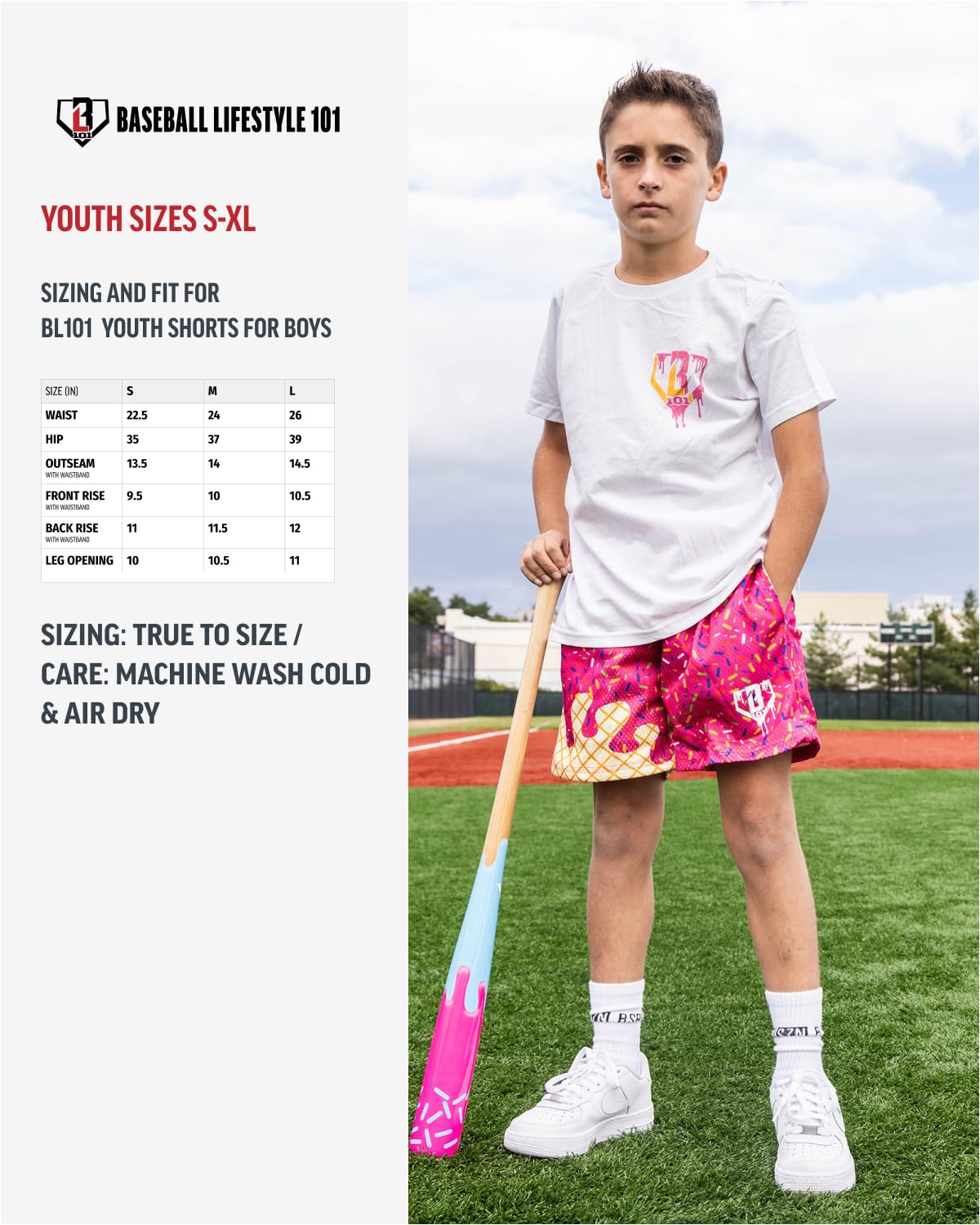 Baseball Lifestyle 101 Boy's Ice Cream Strawberry Mesh Shorts w/Side Pockets Elastic Waist, 5 in Inseam, Youth Sizes S-XL