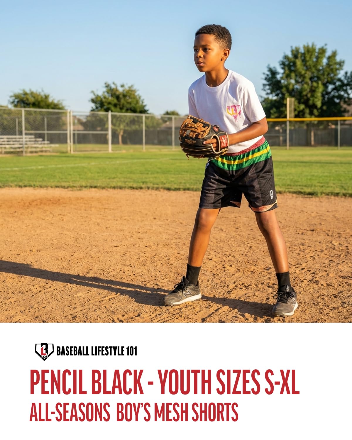 Baseball Lifestyle 101 Boy's Pencil Mesh Shorts with Side Pockets and Elastic Waist, 5 inch Inseam, Youth Sizes S-XL
