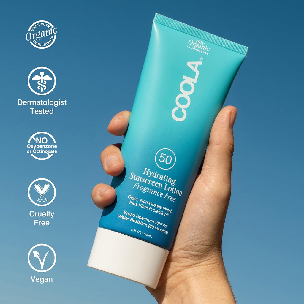 COOLA Organic Sunscreen SPF 50 Sunblock Body Lotion, Dermatologist Tested Skin Care for Daily Protection, Vegan and Gluten Free, Fragrance Free, 5 Fl Oz
