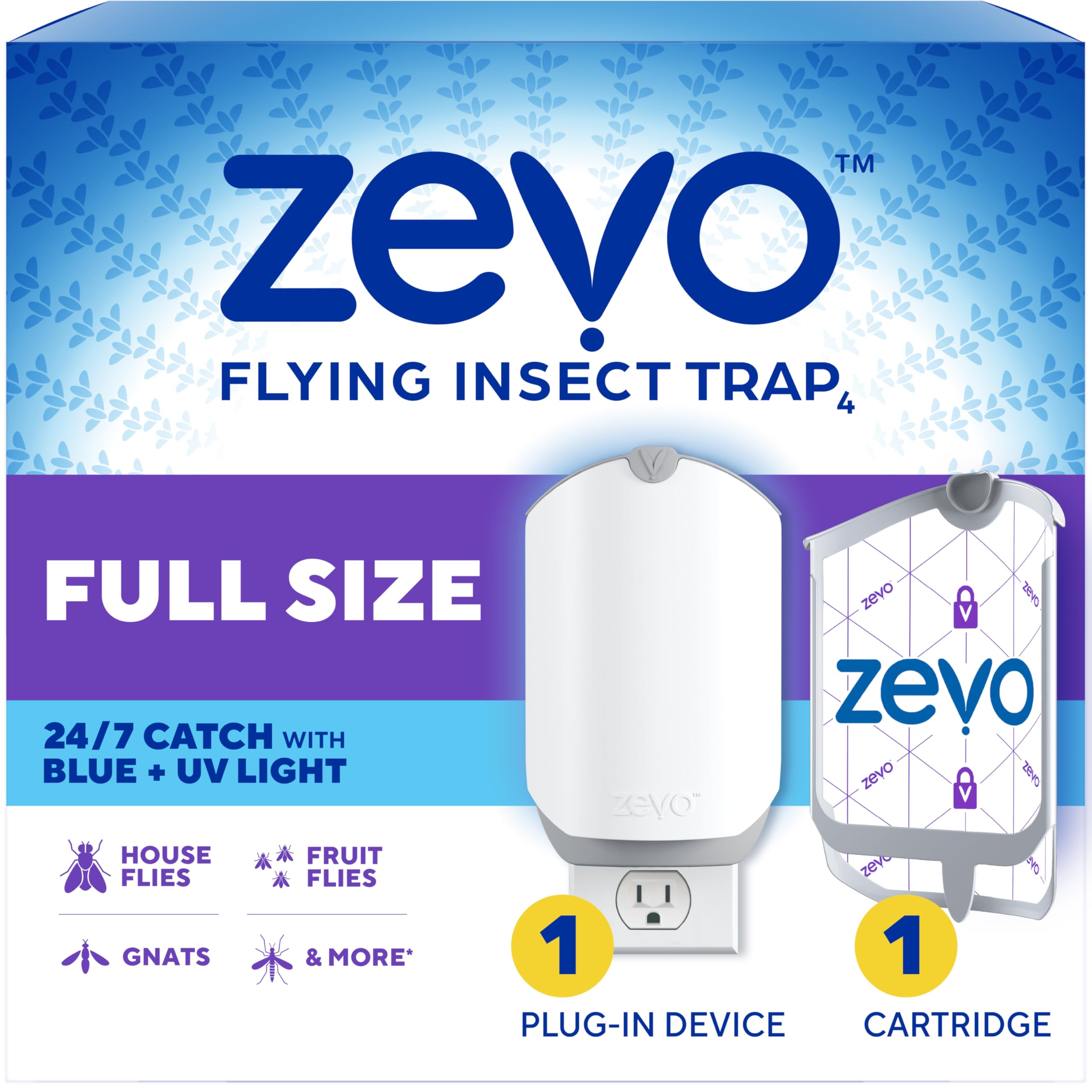 Zevo Flying Insect Trap & 3 Refill Cartridges - Plug in Fly Trap & Indoor Bug Catcher for Gnats, House & Fruit Flies - Blue & UV Light Technology, Mess-Free Alternative to Bug Zapper