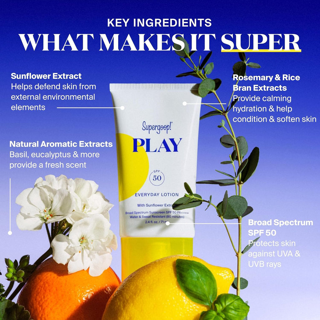 Supergoop! PLAY Everyday Lotion SPF 50 - Broad Spectrum Body & Face Sunscreen - Great for Active Days - Fast Absorbing, Water & Sweat Resistant - 5.5 fl oz