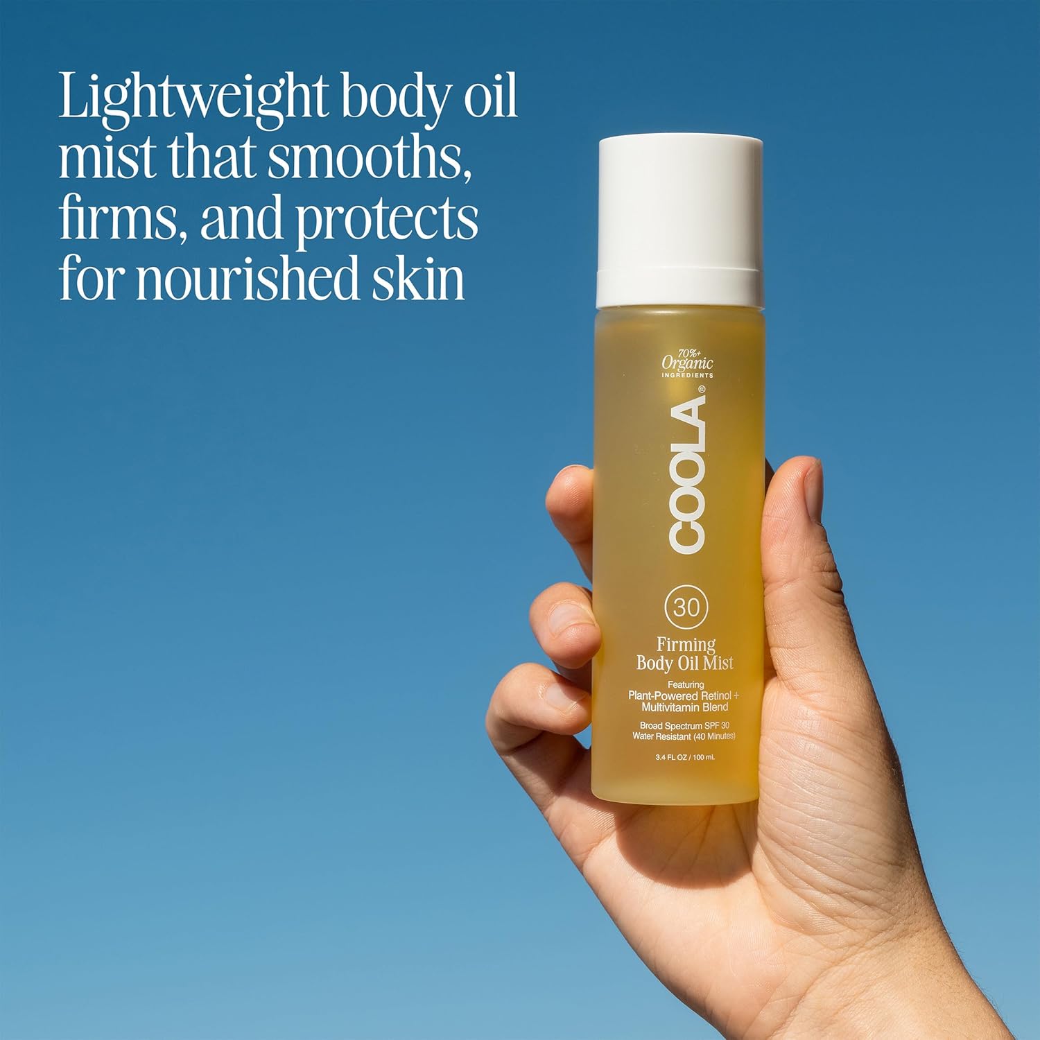 COOLA Firming Body Oil Mist SPF 30, Organic Lightweight Hydrating Sunscreen Mist with Bakuchiol, Vitamins C, D, E, Sea Buckthorn & Moringa Oils, Firms & Smooths Skin, 3.4 Oz